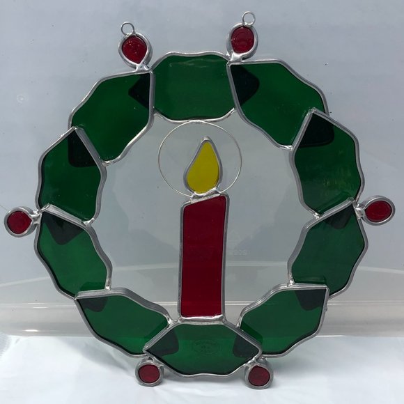 Vintage Handmade in the USA Stained Glass Wreath with Candle - Picture 1 of 4